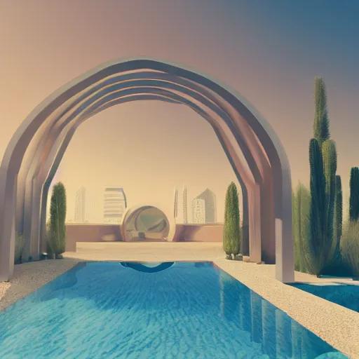 Prompt: minimalistic surreal interior with archs in the desert, architecture visualisation, 3 d glass reflective objects, arcs, abstract pool around, sunny clear sky, redsfhit render, muted colors