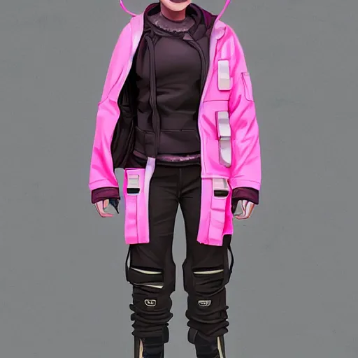 Image similar to Korean cyberpunk female wearing pink techwear jacket and military cargo pants, trending on artstation by Ruan Jia and Mandy Jurgens and Artgerm and william-adolphe bouguereau