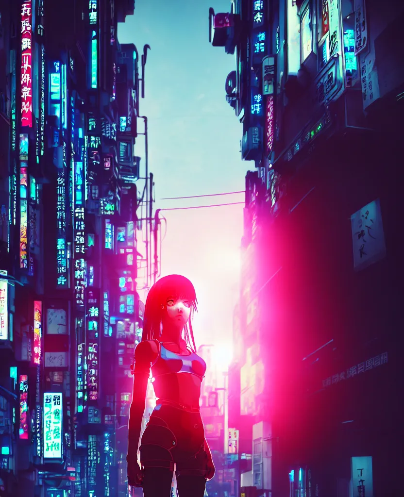 Prompt: a photo close up cyberpunk cyborg girl stands in a cyberpunk hiroshima, prefecture streets, sunset, photorealistic, cinematic lighting, very detailed, style by tomino - sama