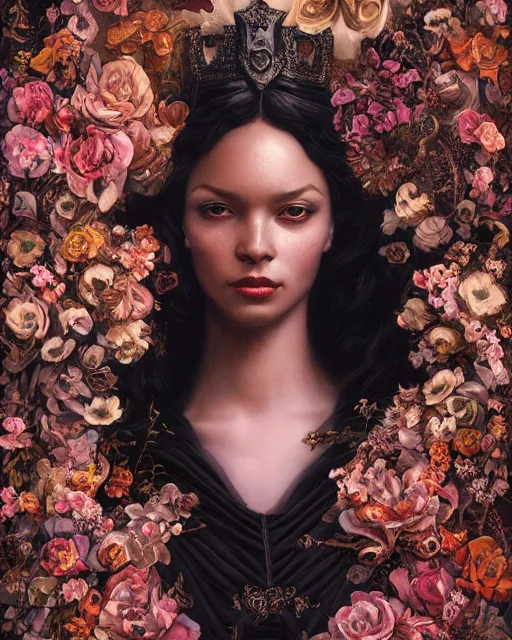 Image similar to portrait of the black queen of the underworld, surrounded by flowers by karol bak, james jean, tom bagshaw, rococo, sharp focus, trending on artstation, cinematic lighting, hyper realism, octane render, 8 k, hyper detailed.