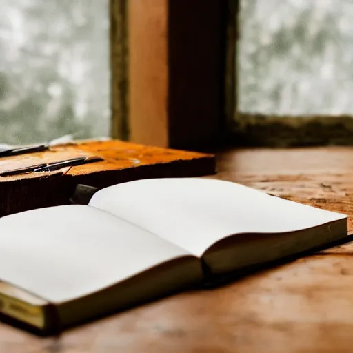 Image similar to highly detailed close up photo of an old worn notebook on wooden table, old table, feather pen, light coming out of near window, moody lighting, dim atmosphere, dust in air