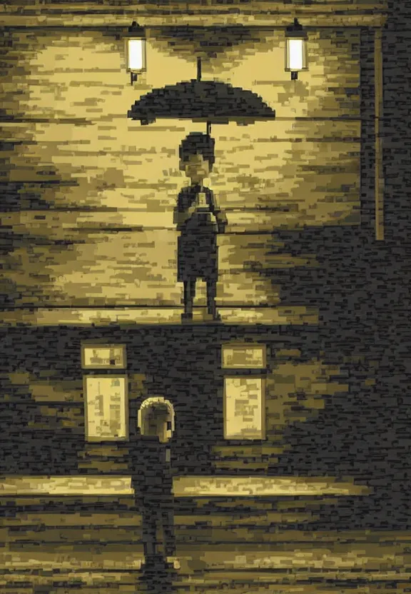 Image similar to little boy holding an umbrella in front of a bar at night, full moon, pixel art, black and white artwork