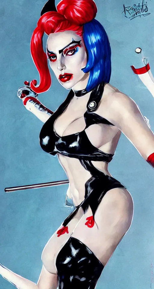 Image similar to lady gaga as harley quinn in a pin - up pose by artgerm, robert edward mcginnis, concept art, full body