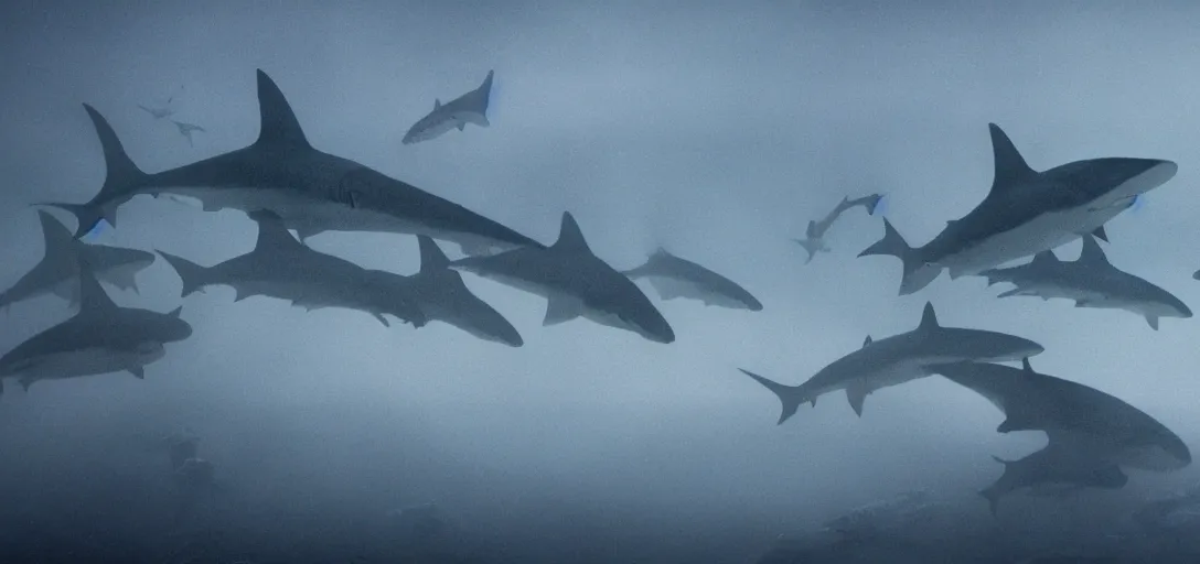 Image similar to a storm of sharks, foggy, cinematic shot, photo still from movie by denis villeneuve, wayne barlowe
