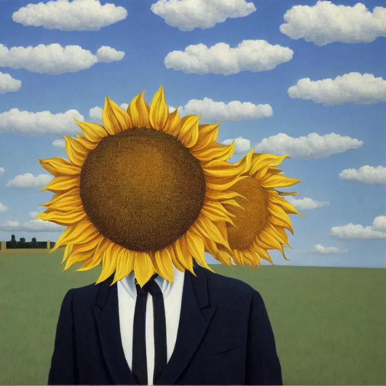 Image similar to portrait of a faceless sunflower - head man in a suit, clouds in the background, by rene magritte, detailed painting, distance, centered, hd, hq, high resolution, high detail, 4 k, 8 k