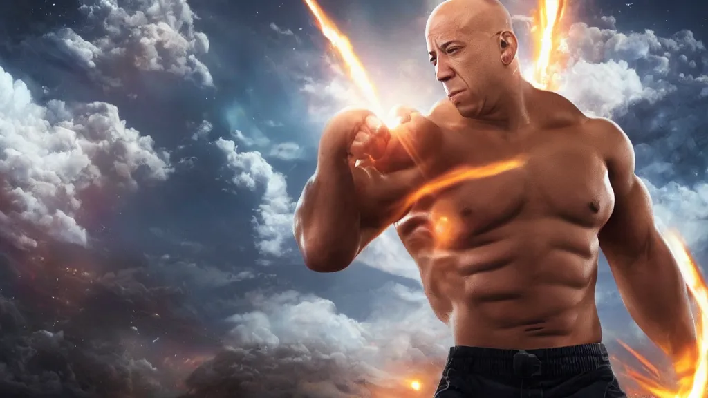 Image similar to extreme wide shot of vin diesel as saitama!!! punching!!! a car!!! into space, ultra realistic, lens flare, atmosphere, glow, detailed, intricate, full of colour, cinematic lighting, trending on artstation, 4 k, hyperrealistic, focused, extreme details, unreal engine 5, cinematic, masterpiece