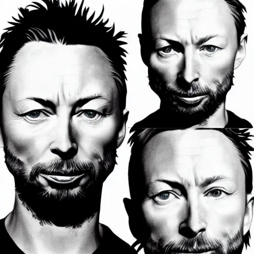 Prompt: overlapping sprite sheets of thom yorke, hyper realistic, many variations of thom yorke, face variations, various emotions, various poses, high quality photographs, mixed styles intricate details, beautiful lighting