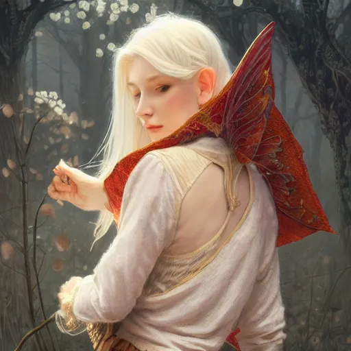 Image similar to elf fairy blond with a beautiful face, with a loot on their back, wearing a cardigan, highly detailed, intricate, digital painting, artstation, sharp focus, illustration, art by jakub rozalski, greg rutkowski, artgerm, tan zi and ayanamikodon and alphonse mucha and wlop