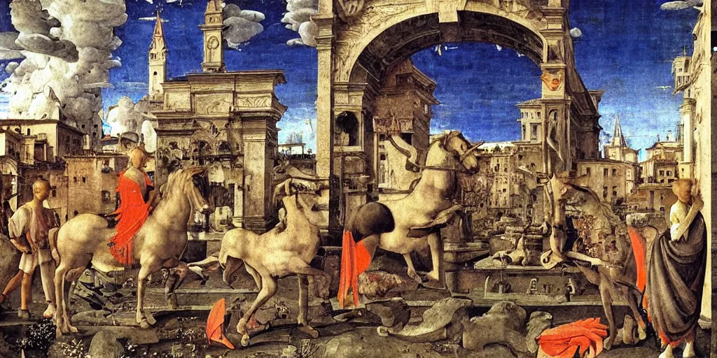 Image similar to unicorn in a futuristic cyberpunk town. By Filippino Lippi, highly detailed