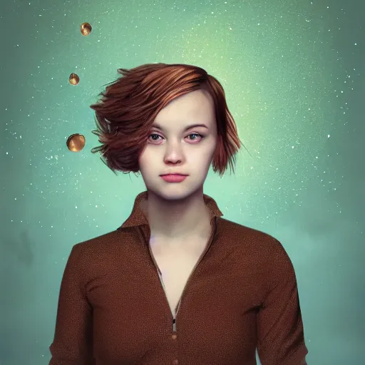 Image similar to a portrait photo of a young woman with short brown hair, a dress, and green eyes, floating in space, trending on artstation