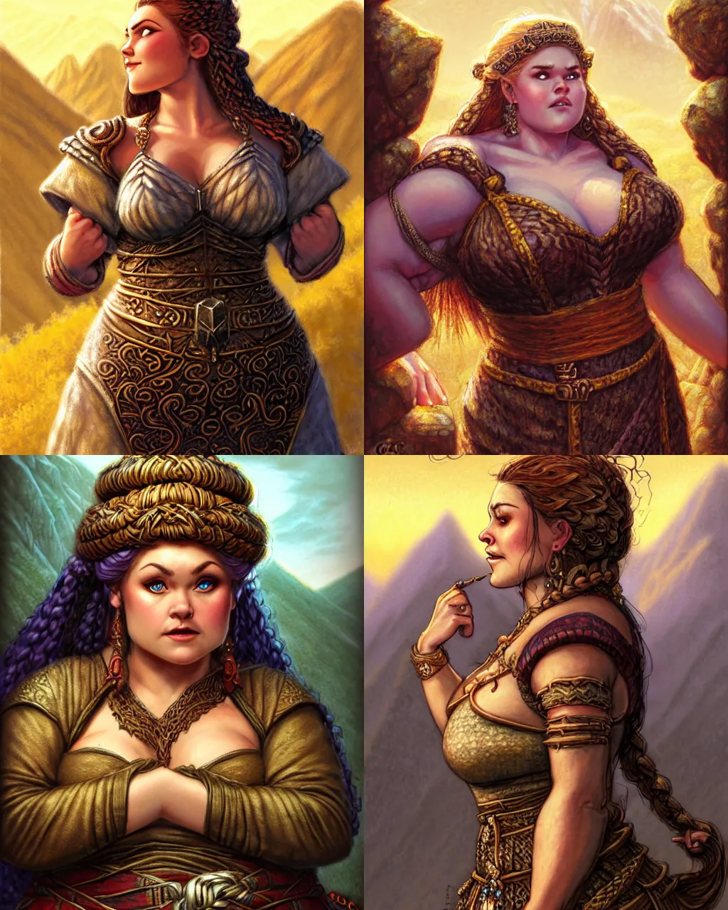 Prompt: beautiful dwarven lady wearing an elegant brocade dress in the mountains, by greg staples, dungeons and dragons, lord of the rings, intricate, ultrarealistic, cheerful, complex braided hair, chubby and plump, big nose, sharp focus, sunlight, soft lighting