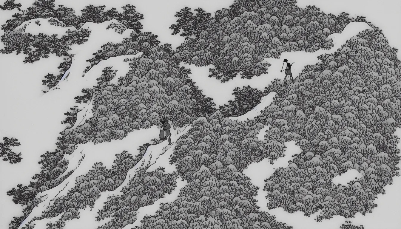 Image similar to lone backpacker on mountain ridgeline, minimalist line art by hokusai, clean long lines, ultra detailed