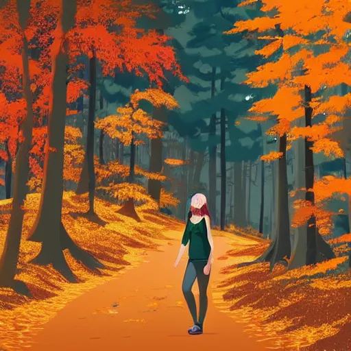 Prompt: a beautiful young woman with red hair hiking through an autumnal forest, clean cel shaded vector art. shutterstock. behance hd by lois van baarle, artgerm, helen huang, by makoto shinkai and ilya kuvshinov, rossdraws, illustration, art by ilya kuvshinov