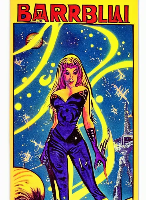 Prompt: Beautiful female powerful epic space sorceress with long hair in 'Barbarella', retro science fiction cover by Jon Steranko and Kelly Freas (1965), vintage 1960 print, tarot card, vivid, highly detailed