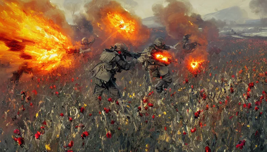 Prompt: Intense vibrant film still of infantry explosions and fire charging across a field of flowers, snowy blizzard1944, oil painting by John Singer Sargent, Adrian Smith, Greg Rutkowski, Trending on Artstation