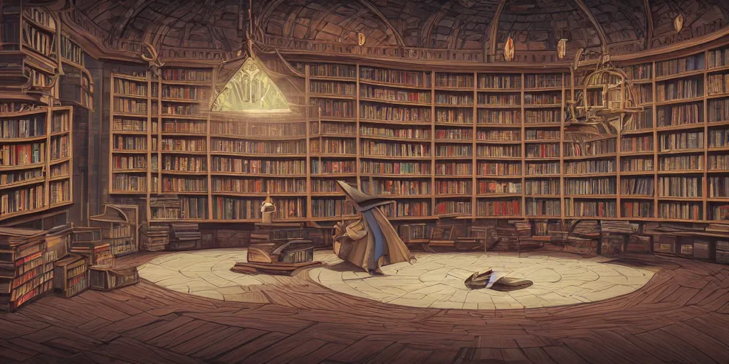 Prompt: vast library, bookshelves, wooden banks, wooden tables, mosaic stone floor, passages, rat wizard, wizard hat, old wizard robe, cel shading, 3 d art, 3 d cg, digital painting, celestial, majestic, cinematic light, candles, chandelier, lanterns, soft light