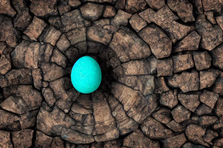 Image similar to a scaly dragon egg made from opalescent coal and molten lava, on a carved stone floor against a forest background photorealistic, dlsr, octane render, 8 k, cinematic lighting