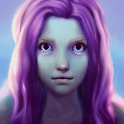 Image similar to Abigail from stardew valley, purple hair, blue eyes, large eyes, portrait, cgsociety, realistic, highly detailed, sublime, 16k, smooth, sharp focus, trending on ArtStation, hyperdetailed, volumetric lighting