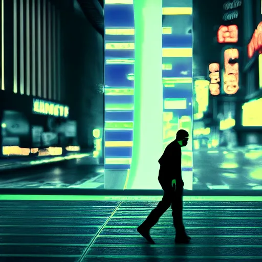 Prompt: minimum wage worker coming back from his retail job at night walking down the city side walk lit up by neon lights, cyberpunk, futuristic, photorealistic, negative, captured on an iphone 1 2