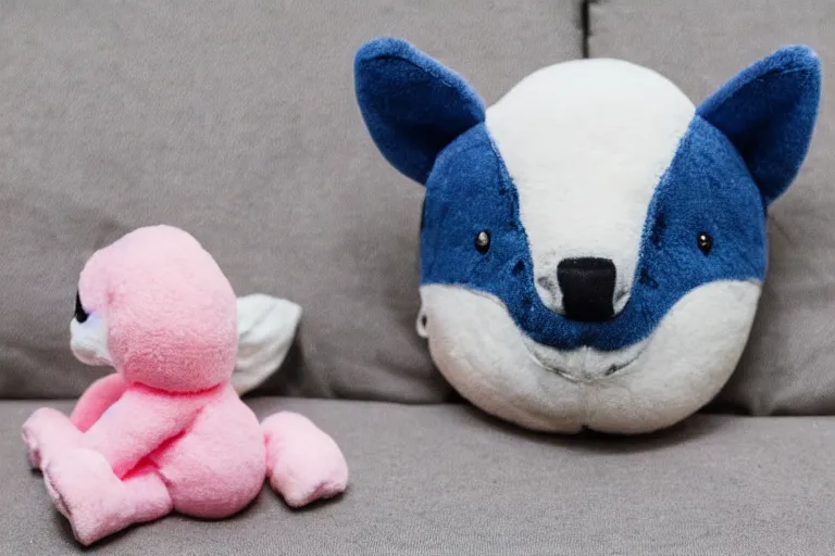 Image similar to a high quality 3 5 mm photo of a pink chubby stuffed animal kangaroo with dark blue shirt sitting on a couch, an ultrafine detailed photo, trending on artstation, sharp focus, baby toy