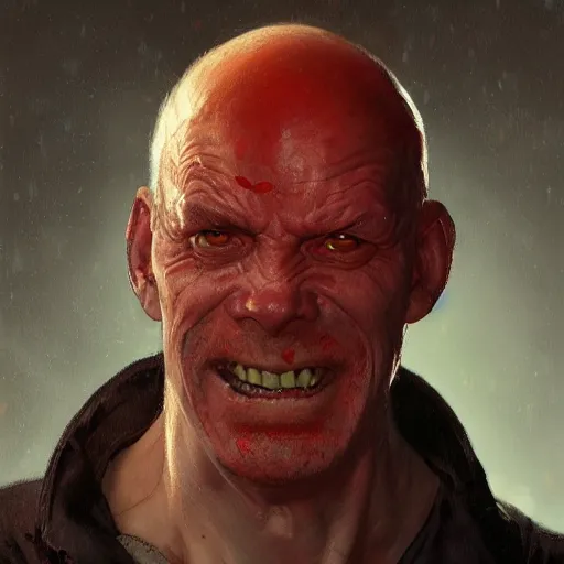 Image similar to portrait of a red bald man with black eyes and a black teeth, horror, glowing eyes, by Stanley Artgerm Lau , greg rutkowski, thomas kindkade, alphonse mucha, loish, norman rockwell. Trending on artstation detailed illustration hd 4k