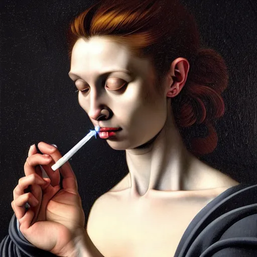 Prompt: Colour Caravaggio style Photography of Beautiful woman with highly detailed 1000 years old face wearing higly detailed sci-fi halo above head designed by Josan Gonzalez. Woman holding cigarette between fingers in her hand, Many details by Caravaggio. . In style of Josan Gonzalez and Mike Winkelmann andgreg rutkowski and alphonse muchaand Caspar David Friedrich and Stephen Hickman and James Gurney and Hiromasa Ogura. volumetric natural light