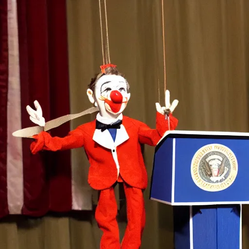 Image similar to puppet show with a puppeteer using a string marionette of a president with clown makeup in a podium