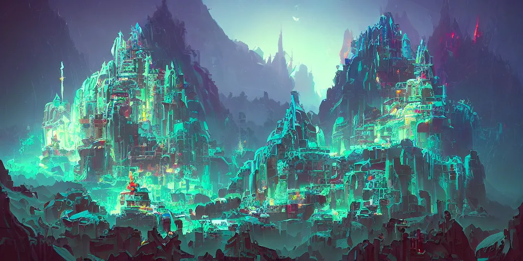 Prompt: Cyberpunk Mountain Temple, by Anton Fadeev and Joe Fenton