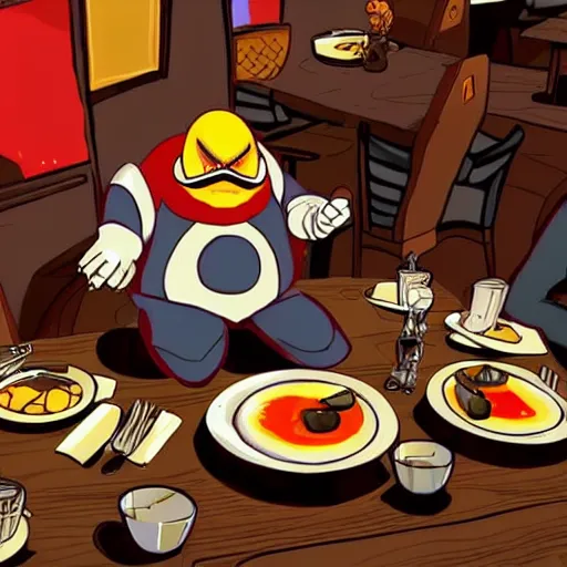 Image similar to robotnik eggman having a nice dinner at a rustic italian restaurant with his robots