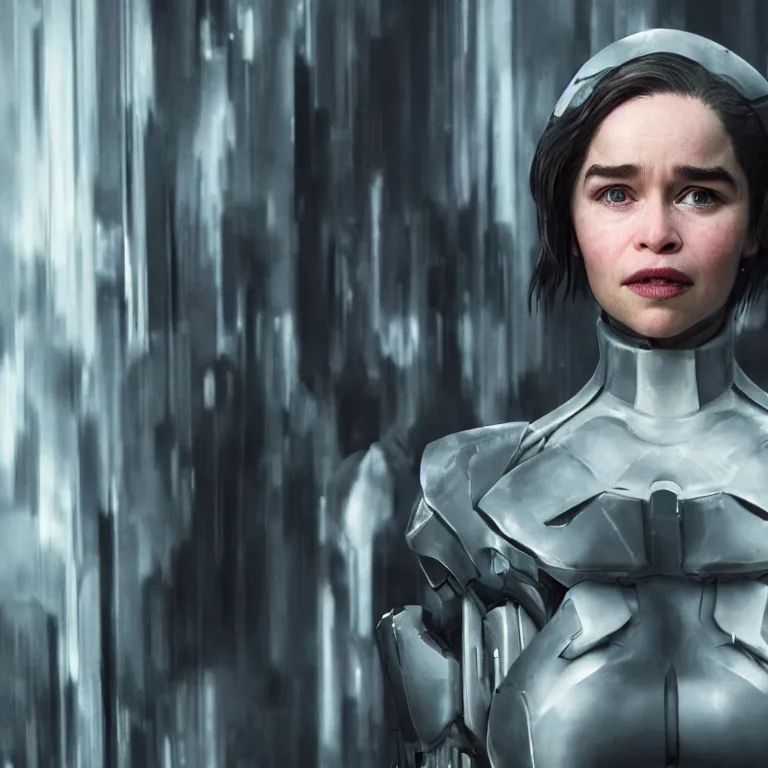 Prompt: scifi emilia clarke looks like ghost in the shell, extremely high detail, smiling woman, cyborg, photorealism, sony a 7 r