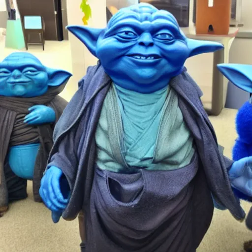 Image similar to blue Yoda surrounded by other members of his species of various colors