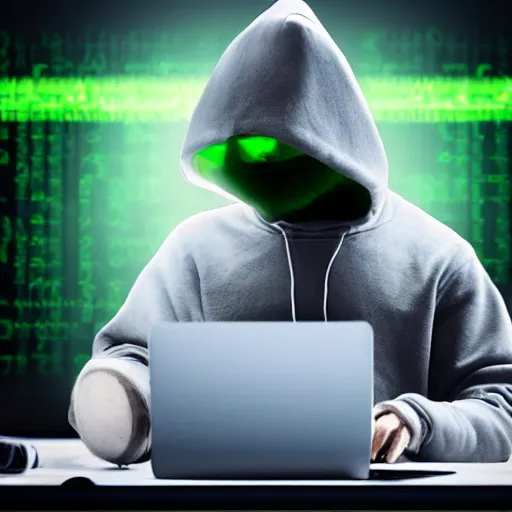 Prompt: donkey wearing a hoodie sweatshirt, hacking in to a computer using a laptop, while in a dark room or basement, with matrix style green text background