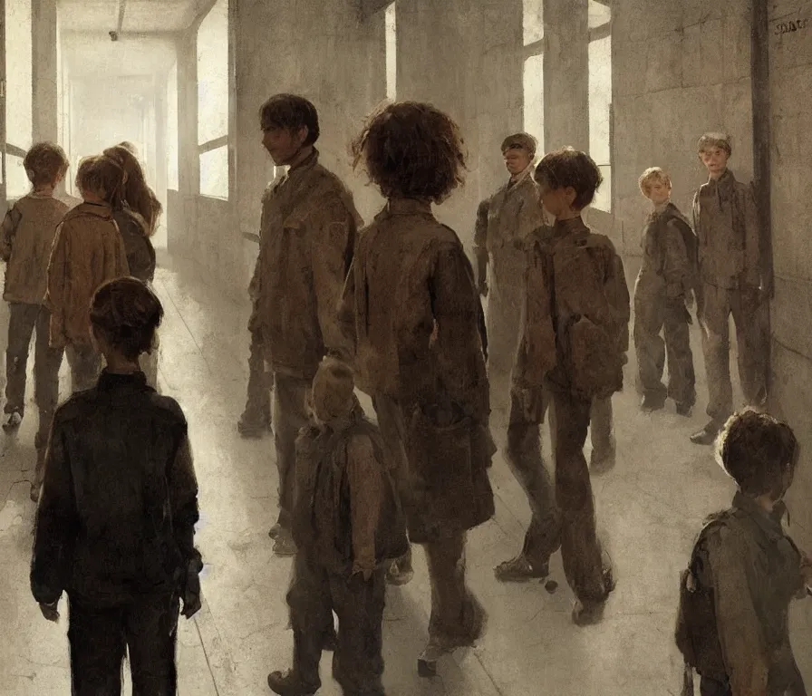 Prompt: wall in hallway | queue of 1 9 6 0 s soviet pedestrians in row against wall | one sadie sink in oversized school uniform. film concept art. by greg rutkowski, greg staples, gustave courbet, rosa bonheur, noah bradley. sharp focus, cinematic atmosphere, detailed and intricate, perfect anatomy