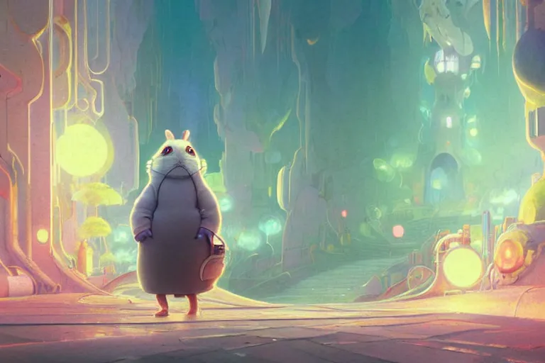 Image similar to a dreamy otherworldly 3 d render of anthropomorphic cyborg rodent on pathway to castle, studio ghibli, pixar and disney exploded - view drawing, sharp, disney octane render splatter paint vray by shinji kimura and alphonse mucha and alena aenami, maximalist pastel color palette, ( ( bloom ) ), dramatic lighting