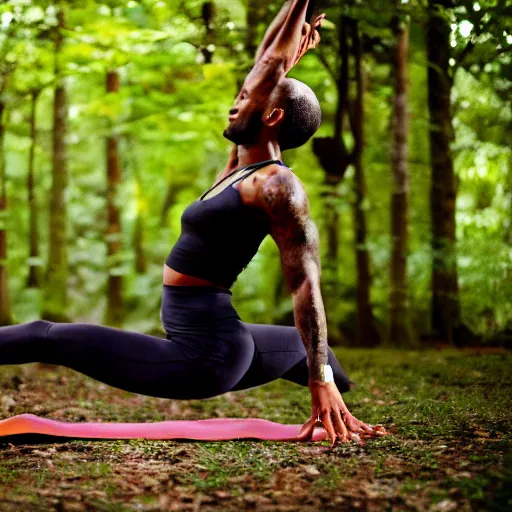 Prompt: lebron james doing yoga in the forest, videogame still, portrait, 4 0 mm lens, shallow depth of field, close up, split lighting, cinematic