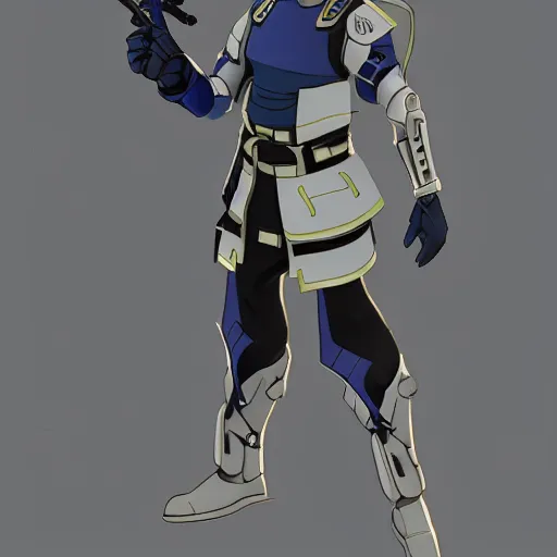 Image similar to a futuristic soldier captain with a metal visor and a blue shoulderpad in anime style