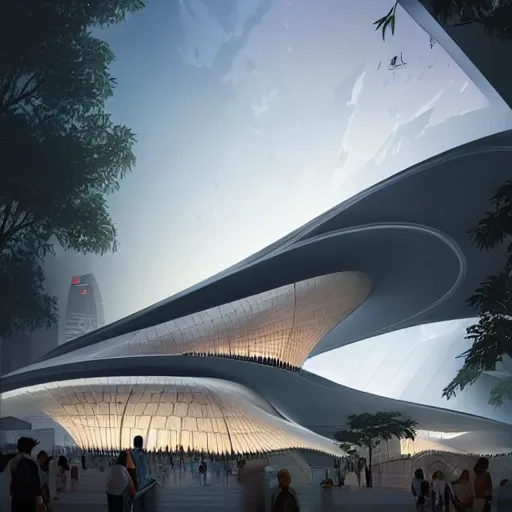 Prompt: singapore pavillion architecture exterior at the next world expo designed by zaha hadid, elegant atmosphere, glowing lights, highly detailed, digital painting, artstation, concept art, smooth, sharp focus, illustration, art by wlop, mars ravelo and greg rutkowski