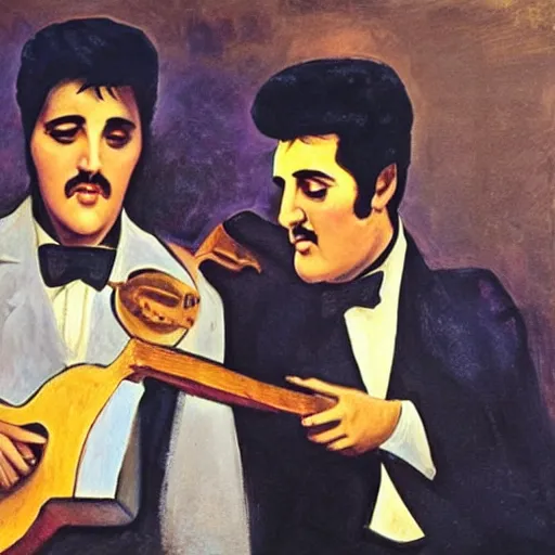 Image similar to elvis and marcel proust jamming together in paris, 1 9 2 2, oil painting,