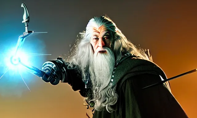 Prompt: cyber - gandalf with cyborg eye lens and robotic arm holding an electronic spear, battling the balrog epic 3 5 mm photograph