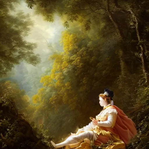 Image similar to an 1800's admiral in the forest, Fantasy atmospheric lighting, digital painting, hyperrealistic, François Boucher, Oil Painting, Cozy, natural light, lush plants and flowers, visually crisp & clear, Volumetric Golden dappled dynamic lighting, Regal, Refined, elegant, bright clouds, luminous stellar sky, outer worlds, cognitive Coherence cohesion character illustration, photorealistic, Vivarium, Theophanic atmosphere, michael whelan, William-Adolphe Bouguereau, Michael Cheval, Crisp hd resolution, Digital Art, hyperdetailed, artstation, cgsociety, Highly Detailed, Cinematic Lighting, HD resolution, unreal 5, DAZ, hyperreality, octane render, Unreal Engine