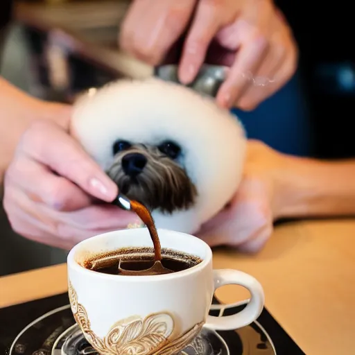 Image similar to a closeup photorealistic photograph of barista drawing bichon frise shaped latte art in a cup. professional capture, well lit shot. this 4 k hd image is trending on artstation, featured on behance, well - rendered, extra crisp, features intricate detail, epic composition and the style of unreal engine.