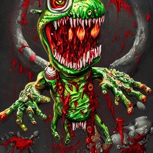 Image similar to zombie yoshi, gritty, veins, blood, bone, horror oil painting masterpiece, very detailed, intricate, trending on artstation