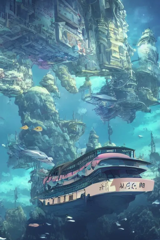 Image similar to a beautiful picture of a city under the sea ， fish shuttle, anime, detailed, 8 k