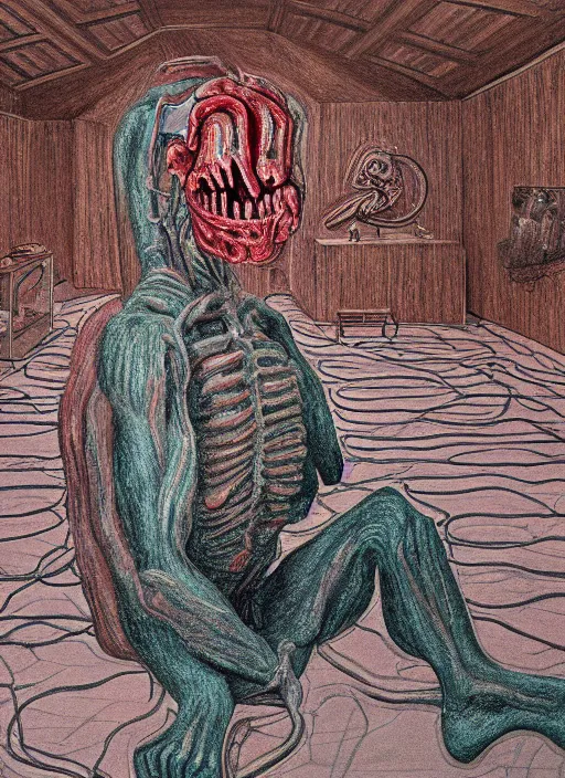 Image similar to a teratoma in the middle of a museum room realizing that he has consciousness painted by hockney and giger