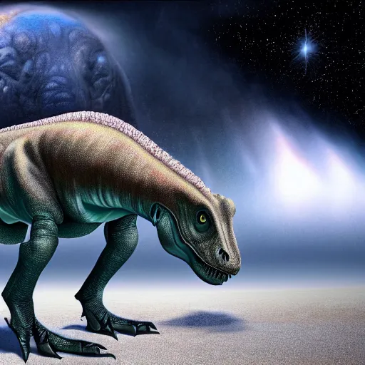 Image similar to a hyper realistic digital painting of a dinosaur in an space