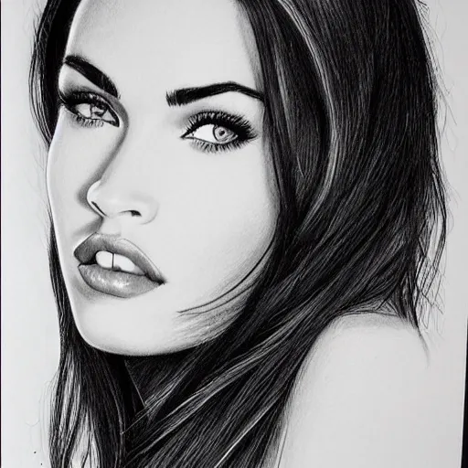 Prompt: megan fox portrait, hyper - realistic black and white drawing, hyper detailed, in the style of den yakovelv