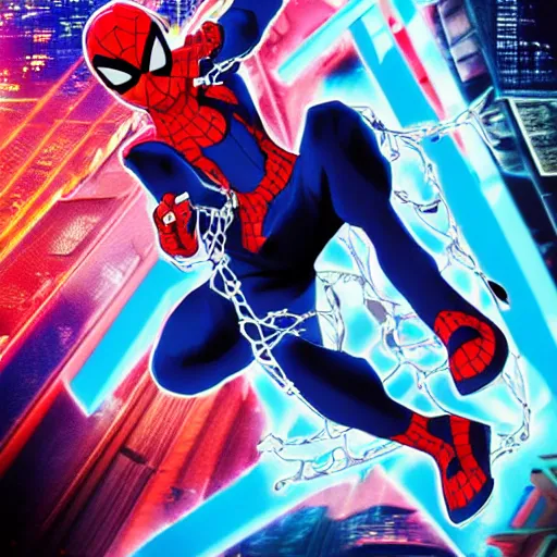 Prompt: Anime key visual of Cyberpunk ninja Spider-Man in a colorful blue and scarlet suit, wearing a scarlet hoodie, riding a skateboard in Berlin, official media drawn by Hirohiko Araki, anime magazine cover, manga cover, shonen jump cover, in the style of JOJO’s bizarre adventure, Hirohiko Araki artwork, takashi murakami artwork