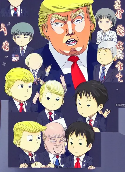 Image similar to donal trump manga, color, best scene, studio ghibli, chibi style, by katsuhiro otomo and hiroya oku and makoto yukimura