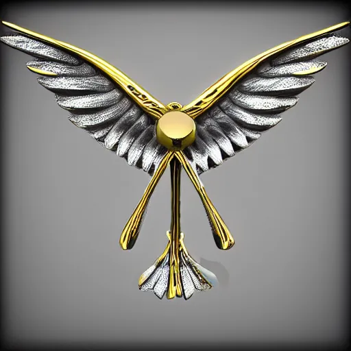 Image similar to 2 tone 3 d 6 winged angel necklace, jewelry render, photography, raytraced