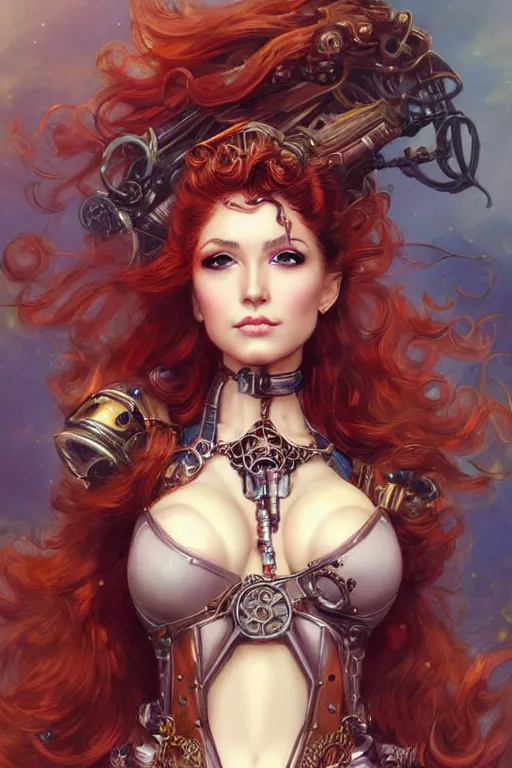 Image similar to three-quarters pose portrait of sensual Lady Mechanika, very beautiful young woman, ginger wavy hair, Intricate details, , D&D!, fantasy style, sharp focus!, ultra detailed, art by Artgerm and Peter Andrew Jones, WLUP, steampunk themed.